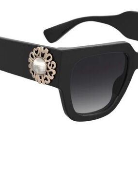 Moschino Black Square Sunglasses with Gold Logo Pearl Accent
